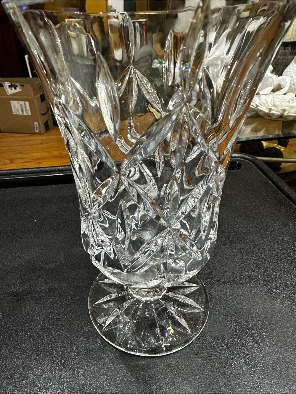 Vintage Clear Crystal Cut Glass Pedestal Vase     Heavy